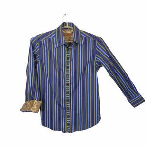 Robert Graham Button Up Shirt Men's Blue Olive Striped Long Sleeve Collared sz S